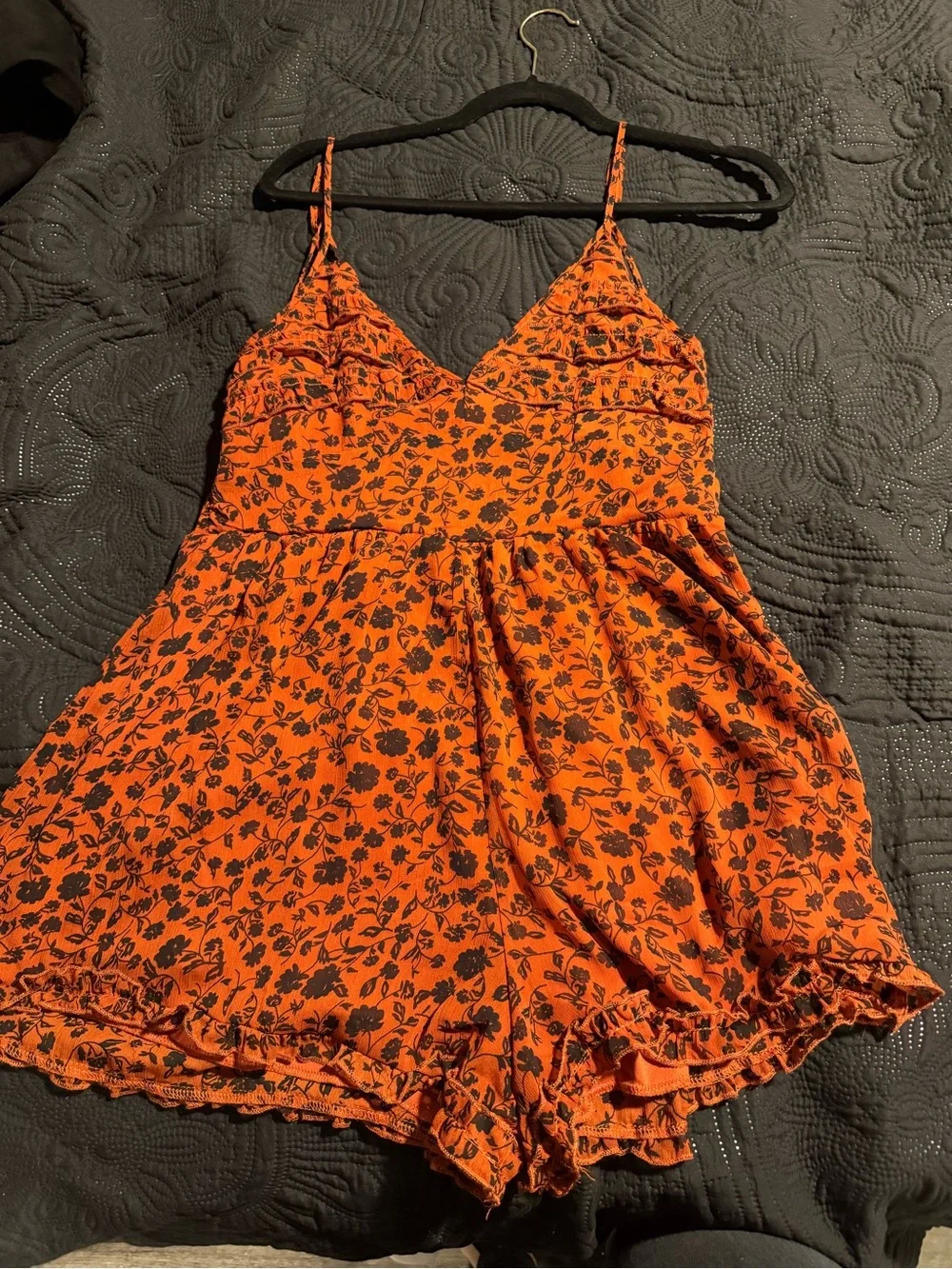 Women's Orange Floral Lace-Trim Romper